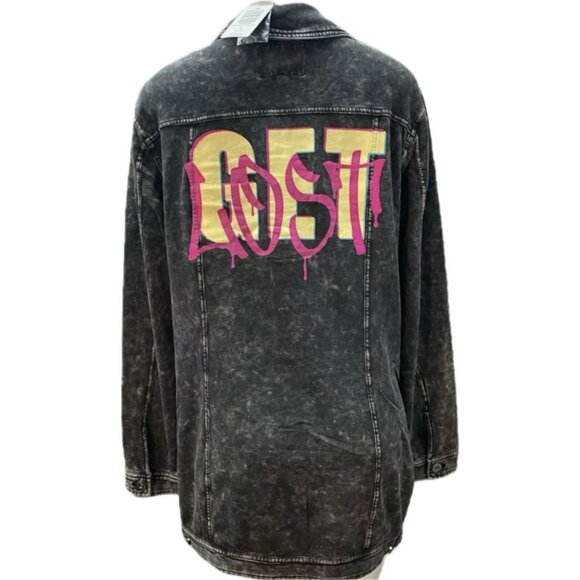 Lovesick +4 Black Washed-Out Get Lost Graphic Button Pockets Long Sleeve Shacket - Picture 4 of 6
